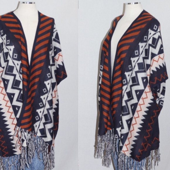 Blue & Orange Wool Tribal Fringe Shawl - Picture 13 of 15